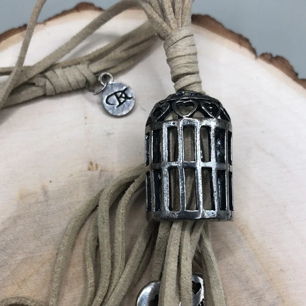 Artisan designer suede cord adjustable charm necklace boho festival statement.